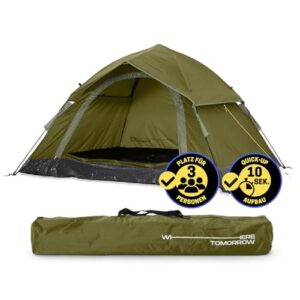 Lumaland Camping Zelt in olivgrüner Farbe, geeignet für 2-3 Personen, mit kuppelförmiger Struktur, abgedeckten Eingängen und kompaktem Transportdesign für Camping und Outdoor-Aktivitäten.