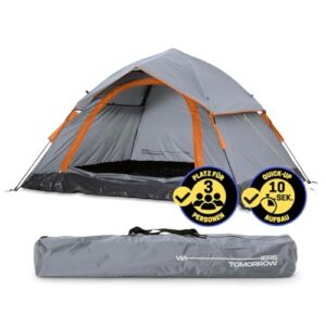 Leichtes Pop Up Wurfzelt für 2-3 Personen in grau mit orangefarbenen Akzenten, ideal für Camping, Festival und Strand als Wasserschutz