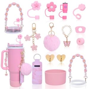 Vielseitiges Zubehörset für den Stanley Cup mit rosa Accessoires und einem großen pinkfarbenen Trinkbecher, der mit Blumen und dekorativen Elementen geschmückt ist.