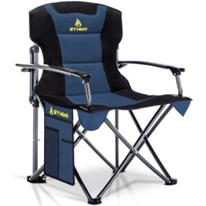 Faltbarer Luxus Campingstuhl in Blau, tragbarer und bequemer Klappstuhl mit einer Belastbarkeit von bis zu 150 kg, ideal für Outdoor-Aktivitäten wie Camping und Picknicks. Aus robustem 600D Oxford-Gewebe mit praktischer Seitentasche.