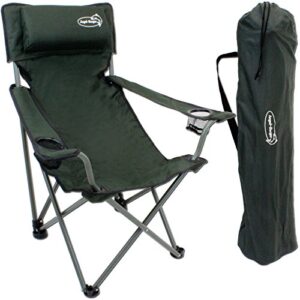 Luxus Faltstuhl in grün mit Getränkehaltern und Armlehnen, ideal für Camping und Outdoor-Aktivitäten.