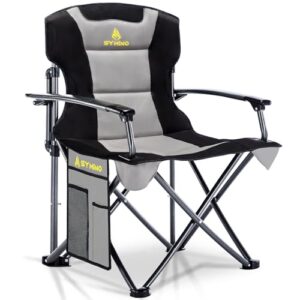 Faltbarer Luxus Campingstuhl in Grau mit ergonomischem Design, gepolsterter Sitzfläche und seitlicher Netztasche für Outdoor-Aktivitäten wie Camping und Picknicks.