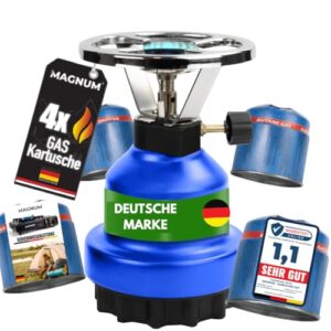 Magnum Campingkocher in Blau mit vier Gaskartuschen für Outdoor-Aktivitäten, ideal für Camping und Trekking, zeigt robuste Bauweise und praktische Handhabung.