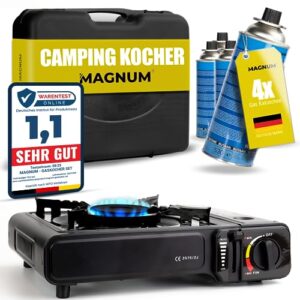 MAGNUM Gaskocher Set für Camping mit 4 Gaskartuschen und Tragekoffer - ideal für Outdoor-Kochen