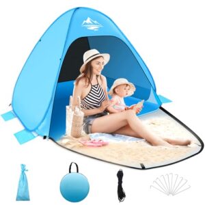 MAXDONE Strandmuschel Pop Up Zelt für 2-3 Personen in Blau mit Familie am Strand, ideal für Sonne und Schutz mit UV50+