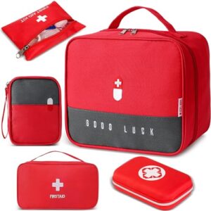 Set aus fünf roten Medikamententaschen in verschiedenen Größen und Designs, ideal für die Aufbewahrung von Medikamenten und Erste-Hilfe-Materialien, wasserdicht und praktisch für Reisen und den Alltag.