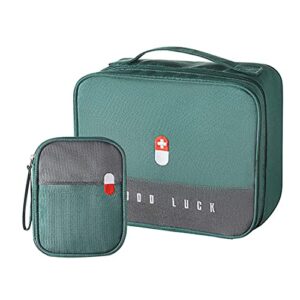 Zwei grüne Medikamententaschen mit praktischem Design, geeignet für die Aufbewahrung von medizinischen Utensilien. Die große Tasche hat einen Tragegriff und zeigt ein rotes und weißes Tablettsymbol. Die kleinere Tasche hat einen Reißeverschluss und ein ähnliches Design.