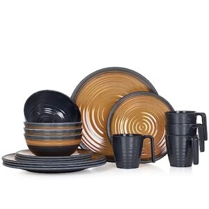 Melamin Camping Geschirr Set für 4 Personen im eleganten Stone Curry Design mit Tassen und Tellern für Picknick und BBQ.