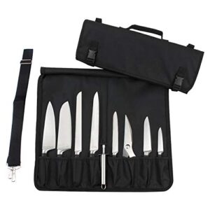 Schwarze Messertasche mit 15 Fächern, geöffnet und mit verschiedenen Küchenmessern, ergonomischen Griffen und transparentem Holster für Wetzstahl, ideal für professionelle Köche und Hobbyköche.