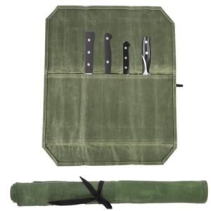 Tragbare Messertasche aus gewachstem Segeltuch mit 7 Fächern zur sicheren Aufbewahrung von Küchenmessern und Zubehör, ideal für Camping und Küchenprofis.