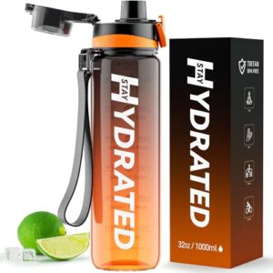 Moderne 1L Trinkflasche aus Tritan mit ansprechendem orangefarbenem Farbverlauf, integrierter Zeitmarkierung und praktischer Tragöse für Sport und Outdoor-Aktivitäten, BPA-frei und auslaufsicher.