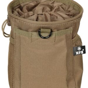 MFH Patronenhülsen-Tasche 'MOLLE' in coyote tan, geeignet für die Lagerung und den Transport von Patronenhülsen, mit verschiedenen Taschen und einem elastischen Kordelzugverschluss.