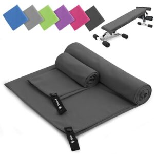 Mikrofaser Handtuch 2er Set in Dunkelgrau mit großem Badetuch (180x60 cm) und kleinem Handtuch (80x40 cm), schnelltrocknend und ideal für Fitness und Strand.