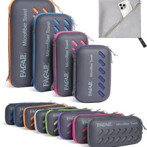 Verschiedene farbige Mikrofasertücher in grauen Hüllen mit farbigen Reißverschlüssen, ideal für Sport, Reisen und den täglichen Gebrauch.