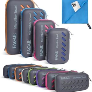 Eine Sammlung von kompakten und farbenfrohen Mikrofasertüchern in praktischen EVA-Hüllen, ideal für Sport, Reisen und den täglichen Gebrauch.