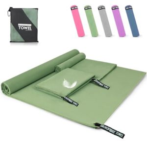 Pfloge Mikrofaser Handtuch Set in Dunkelgrün, bestehend aus einem großen Badetuch und zwei kleinen Fitnesshandtüchern, ideal für Sport, Sauna und Reisen.