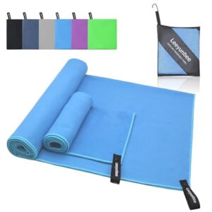 Leeyunbee Mikrofaser Handtuch Set in Blau, bestehend aus einem großen Badetuch (160 x 80 cm) und einem kleinen Handtuch (80 x 40 cm), ideal für Fitness, Reisen und Strandaktivitäten.