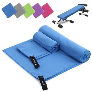 Mikrofaser Handtuch 2er Set in Blau, bestehend aus einem großen Badetuch (180x60 cm) und einem kleinen Handtuch (80x40 cm), ideal für Sport, Fitness und Strand, schnelltrocknend und saugfähig.