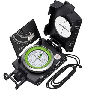 Professioneller Militär Marschkompass in hellschwarz, ideal für Navigation beim Wandern, Jagen und Outdoor-Aktivitäten, mit integriertem Klinometer und fluoreszierendem Ziffernblatt.