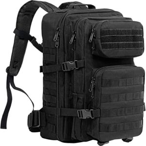 ProCase 40L Militär Taktischer Rucksack in Schwarz mit MOLLE-System, gepolsterten Schultergurten und mehreren Fächern für Outdoor-Aktivitäten.