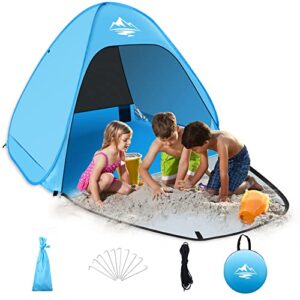 Mimajor Pop Up Strandmuschel für 2-3 Personen am Strand mit Kinder, bietet Sonnenschutz und ist leicht transportierbar.