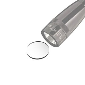Ersatzlinse aus gehärtetem Glas für Mini Maglite Taschenlampe im AA-Modell, präsentiert mit der Taschenlampe in einem dunklen Umfeld.