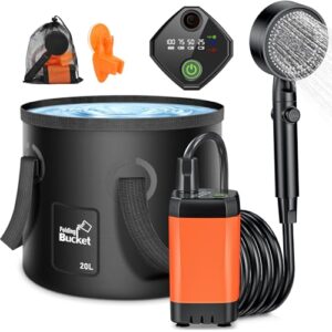 Mobile Campingdusche mit 20L faltbarem Eimer, tragbarer Pumpe und Duschkopf für Outdoor-Aktivitäten.