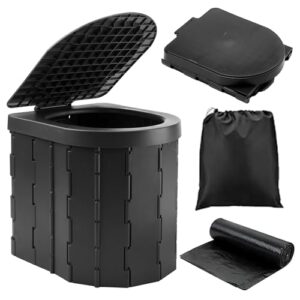 Tragbare Campingtoilette in Schwarz mit Deckel, mobil und faltbar, ideal für Outdoor-Aktivitäten, hergestellt aus robustem ABS-Kunststoff.