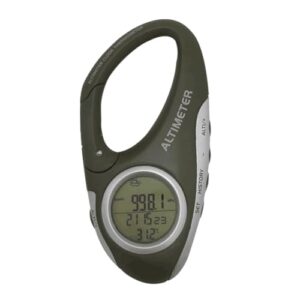 Mobiles Wettergerät in Armygrün, das als Höhenmesser, Barometer und Hygrometer für Outdoor-Aktivitäten genutzt werden kann. Handliches Design mit Karabinerhaken für einfache Befestigung.