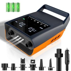 Mojimdo 13500mAh Elektrische SUP Pumpe in modernem Design mit digitalem Display, geeignet für das Aufpumpen von SUP-Boards, Kajaks und Luftmatratzen, präsentiert Zubehör und Ladeanschlüsse.