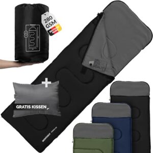MONTARAY Deckenschlafsack mit Kapuze und Kissen für Outdoor-Aktivitäten, geeignet für Temperaturen bis -5°C, ideal für jedes Abenteuer.