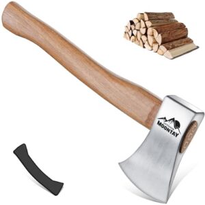 Hochwertige Beil Axt mit Holzgriff und scharfer Klinge, ideal für Outdoor und Gartenarbeiten, neben gestapeltem Holz und Klingenhalterung.
