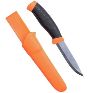 Morakniv Companion Messer mit rostfreier Sandvik Stahlklinge und zweifarbigem Griff in neonfarbener Scheide, ideal für Outdoor-Abenteuer und Heimwerkerprojekte.