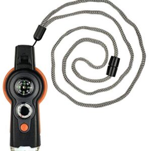 Multifunktionales Survival-Tool 6 in 1 in schwarz-orange für Outdoor-Aktivitäten. Das Tool enthält Kompass, Taschenlampe, Signalpfeife, Thermometer, Lupe und Spiegel. Ideal für Naturentdecker und Camper.