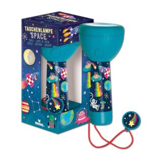 Kompakte und robuste Kindertaschenlampe im Weltraum Design, ausgestattet mit 4 LEDs und Deko-Anhänger, ideal für Kinder ab 4 Jahren.