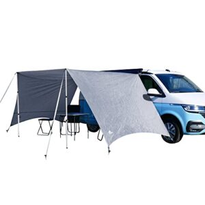 Campingbus mit aufgestellten Markisen in freier Natur, bietet Schutz vor Sonne und Regen, ideal für Outdoor-Aktivitäten.