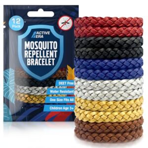 Active Era Mückenschutz Armband Set mit 12 armbändern in verschiedenen Farben für natürlichen Mückenschutz, wasserfest und 100% DEET-frei, ideal für Outdoor-Aktivitäten und Camping.