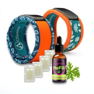 Effektives Mückenschutz Armband Set für Outdoor Aktivitäten mit verstellbarem Klettverschluss, inkl. Nachfüllpellets und Öl. Ideal gegen Mückenstiche beim Camping und Wandern.