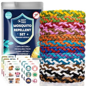 Mückenschutz Armband Set mit 12 bunten Armbändern und 60 Mückenpflastern, ideal für Kinder und Erwachsene bei Outdoor-Aktivitäten.
