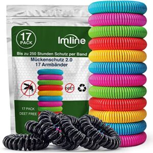 Mückenschutz Armband Set mit 17 bunten Anti-Mücken-Armbändern in verschiedenen Farben für effektiven Schutz gegen Mücken beim Camping und Wandern.