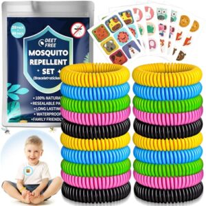 Mückenschutz Armband Set mit 20 bunten Armbändern und 60 Aufklebern, ideal für Outdoor-Aktivitäten und sicheren Schutz vor Mückenstichen für Kinder und Erwachsene.