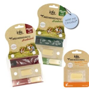 kda Mückenschutz Armband Sparset mit zwei stylischen Armbändern in Rot und Grün sowie gratis Nachfüllpack für effektiven Schutz vor Mückenstichen beim Camping und in der Natur.