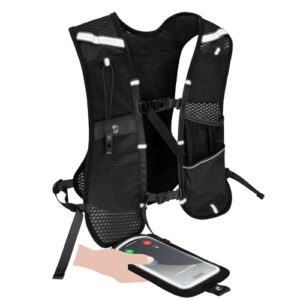 Schwarze multifunktionale Laufweste für Damen und Herren aus atmungsaktivem Material mit reflektierenden Streifen, ideal für Laufen, Wandern und Radfahren, mit mehreren Taschen zur Aufbewahrung von Wasserflasche, Handy und Snacks.