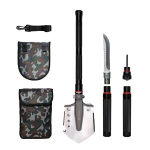 Multifunktionaler Klappspaten aus rostfreiem Edelstahl mit teleskopischem Griff, inklusive Säge und Aufbewahrungstasche im Camouflage-Design für Outdoor-Aktivitäten.
