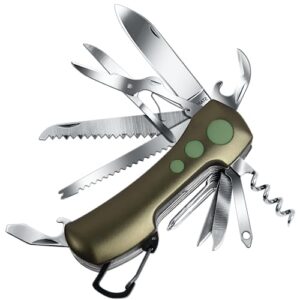 Multifunktionales Taschenmesser mit 15 Werkzeugen für Outdoor-Aktivitäten und Notfälle, in mattem olivgrünem Design, inklusive Klinge, Säge, Korkenzieher und Schraubendreher.