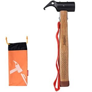 Multifunktionshammer für Camping mit ergonomischem Holzgriff und Tragetasche für vielseitige Anwendungen im Freien.