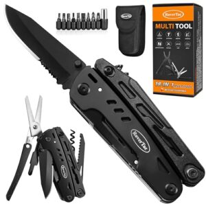 RoverTac 18 in 1 Multitool zeigt ein schwarzes Taschenmesser mit Zange, Schere, Korkenzieher, Schraubendrehern und praktischem Zubehör, getragen in einer Nylonscheide
