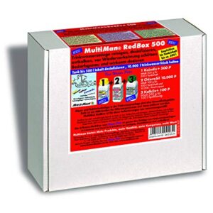 Multiman RedBox zur Reinigung, Desinfektion und Entkalkung von Trinkwasseranlagen für Tanks von 150 bis 500 Litern mit Schritt-für-Schritt-Anleitung und enthaltenen Produktinformationen.
