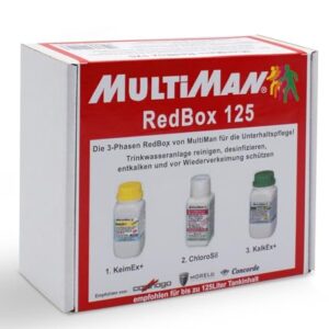 Multiman RedBox zur Reinigung, Desinfektion und Entkalkung von Trinkwasseranlagen für Tanks von 10 bis 125 Litern, inkl. Produkte wie KeimEx+, ChloroSil und KalkEx+.