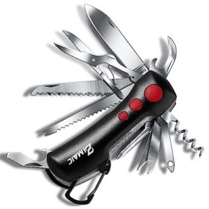 Multifunktionswerkzeug mit 15 Funktionen, ideal für Camping, Wandern und alltägliche Anwendungen. Zeigt ein modernes Taschenmesser mit schwarzem Griff und ausgeklappten Werkzeugen wie Klingen, Sägeblatt und Schraubendreher.
